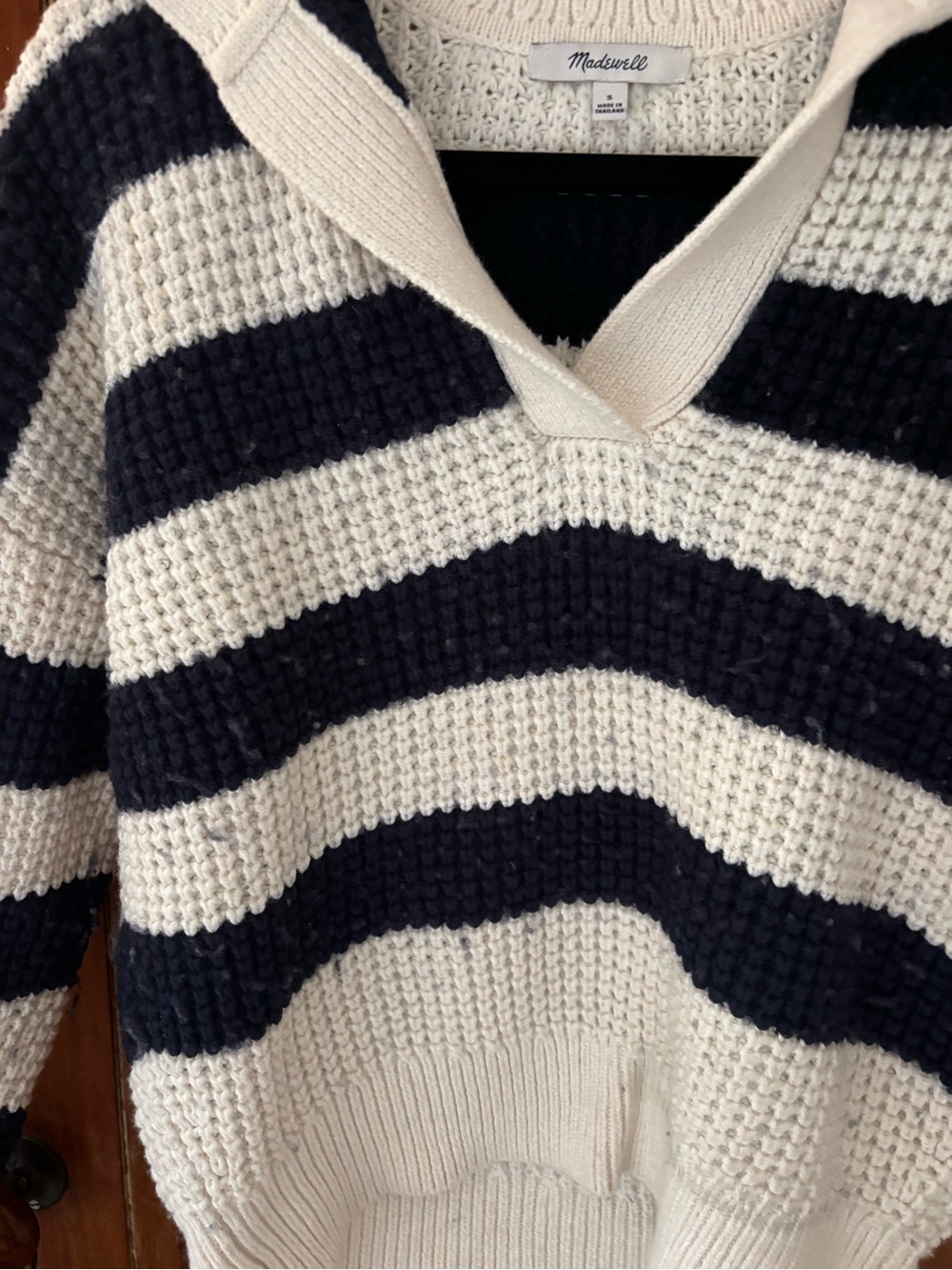 Madewell Waffle-Knit Henley Sweater Antique Cream Stripe - Picture 3 of 5